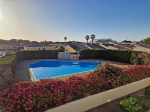 a swimming pool in a yard with flowers at Au village naturiste, Villa vue Marina in Cap d'Agde