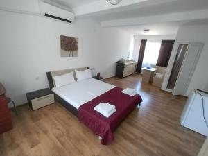 a bedroom with a large white bed and wooden floors at Casa Ștefan in 2 Mai