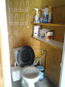 a bathroom with a toilet with a black seat at Le Chalet De Pierre Sèche in Chaumard +20 photos