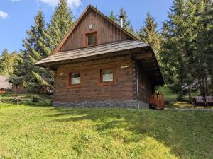a small wooden cabin in a field of grass at Jariabka Chalet - sun terace, fireplace, grill, space to play, green embrace of the forest in the Low Tatras in Jarabá
