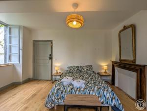a bedroom with a bed and a mirror and a table at Le Clos d'Artagnan in Valcabrère