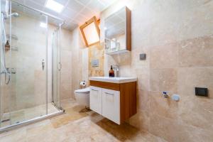 a bathroom with a shower and a toilet and a sink at Istlada Taş Ev Apart - Kekova Island View in Demre +81 photos
