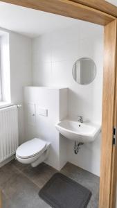 a white bathroom with a toilet and a sink at Monteurwohnungen in Markranstädt in Markranstädt
