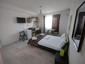 a hotel room with a large bed and a kitchen at Casa Ștefan in 2 Mai