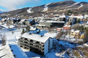 an aerial view of a city in the snow at Central Apartment in Geilo in Geilo
