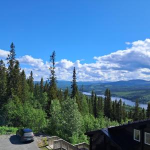 a car parked in a parking lot with a view of a lake at Villa Bearcorner in Härbyste