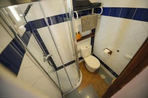 a small bathroom with a toilet and a shower at Casa Edison in Conil de la Frontera +10 photos
