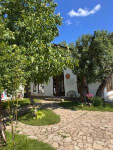 a white building with trees in front of it at Vatra Dumeniului in Vorniceni