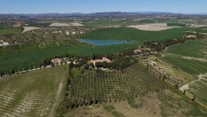 Luftaufnahme eines Anwesens mit Bäumen und einem See in der Unterkunft Castello di Leonina Relais - Adults Only in Siena
