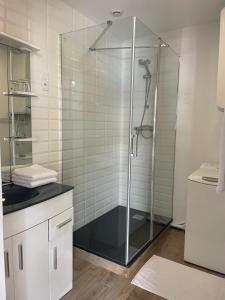 a shower with a glass door in a bathroom at GITES EN BAIE DE SOMME - Maison Nolette in Noyelles-sur-Mer