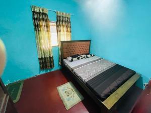 a bedroom with a bed in a blue room at Green views in Norton Bridge