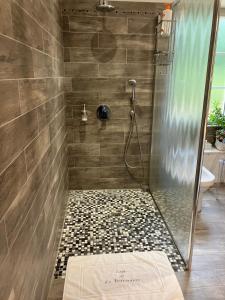 a bathroom with a shower with a glass door at Logis de la Jordronnière, Chambre d hôtes in Sigournais +15 photos