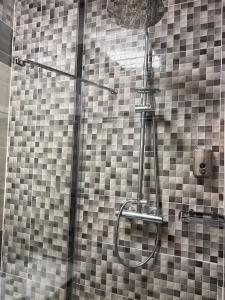 a shower with a glass door in a bathroom at Centrum Apartman LEYLA 8 in Bardejov