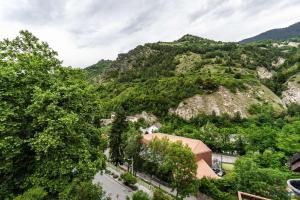 a view of a mountain with trees and a building at Studio 766 – LA TARENTAISE in Brides-les-Bains