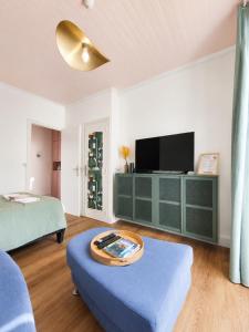 a living room with a couch and a tv at Charmant Studio au cœur de Dinard in Dinard