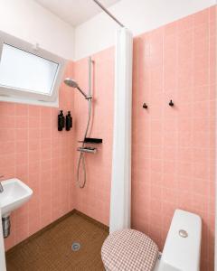 a bathroom with a shower and a toilet and a sink at Charmant Studio au cœur de Dinard in Dinard