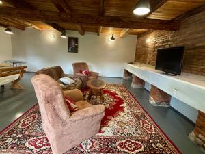 a living room with two chairs and a tv and a rug at Willa Pod Dębem in Koczarki