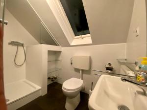 a white bathroom with a toilet and a sink at Haus Rosenwind in Wangerland +16 photos