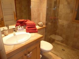 a bathroom with a sink and a shower and a toilet at Chalet Le Solaret in Megève +20 photos
