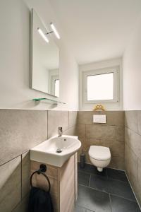 a bathroom with a sink and a toilet at Clarke's Lakeside Chalet 1 in Leissigen