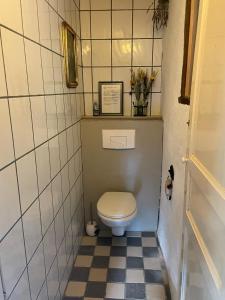 a small bathroom with a toilet with a checkered floor at Le maison sour les ailes in Cossaye