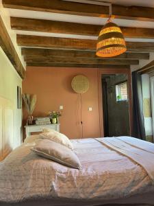 a bedroom with a large bed with pillows on it at Le maison sour les ailes in Cossaye