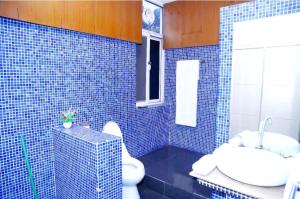 a blue tiled bathroom with a toilet and a sink at Palm East Hotel in Lahore