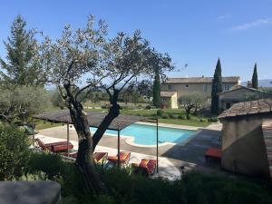 a swimming pool with chairs and a tree next to a house at Au Clair Ventoux in Saint-Didier