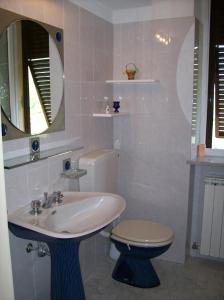 uma casa de banho com um lavatório, um WC e um espelho. em La Casa dei Limoni em Matraia