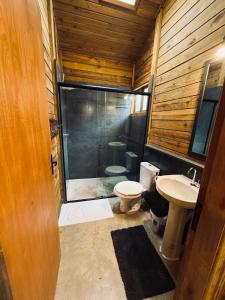 a bathroom with a shower and a toilet and a sink at Cinque chalé in São Roque