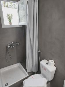 a bathroom with a toilet and a tub and a window at Novus seaview in Benitses +40 photos