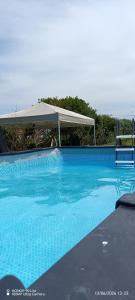 a large blue swimming pool with an umbrella at Moimenta Guest House in Mindelo