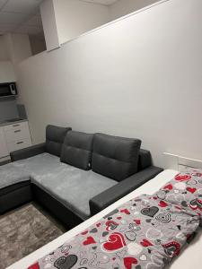 a living room with a couch and a bed at Centrum Apartman LEYLA 7 in Bardejov