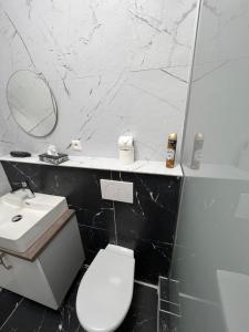 a bathroom with a toilet and a sink and a shower at Centrum Apartman LEYLA 7 in Bardejov