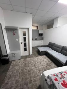 a living room with a couch and a kitchen at Centrum Apartman LEYLA 7 in Bardejov