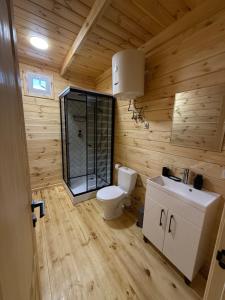 a wooden bathroom with a toilet and a sink at Hotel Voyage Вояж in Uman +52 photos