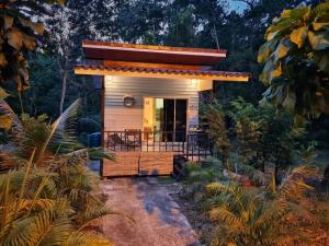 a tiny house in the woods with a porch at Blue Cottage Koh Kood a Quiet Tropical Getaway in Ban Lak Uan