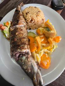 a plate of food with fish and rice and vegetables at My Flat 1 in Praia