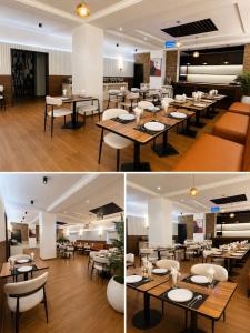 two pictures of a restaurant with tables and chairs at IP Hotels And Towers in Chori
