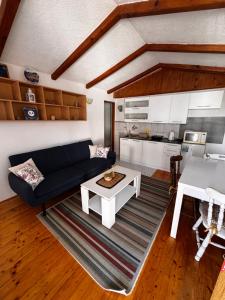 a living room with a blue couch and a table at Apartments Aida in Bihać