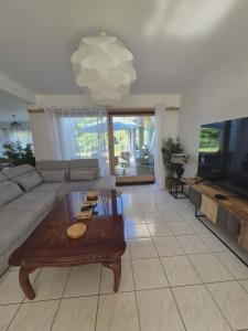 a living room with a couch and a coffee table at Villa La Digue in Plobsheim