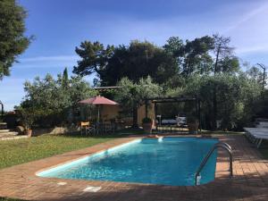 a swimming pool in a yard with an umbrella at Chalet fronte piscina in Zambra