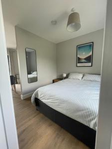 a bedroom with a large bed and a mirror at Hawthorn Stays in Maynooth