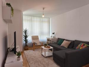 a living room with a gray couch and a tv at Piso en Cedeira in Cedeira