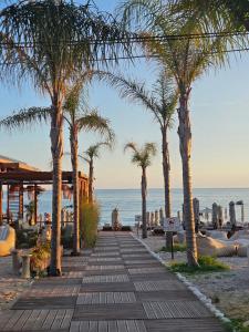 a walkway on the beach with palm trees and the ocean at Rrapi Apartments in Tragjas