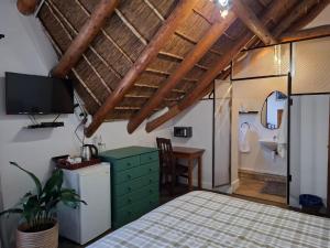 a bedroom with a bed and a desk and a tv at 19th Hole Golf Villa Guesthouse in Worcester +49 photos