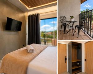 a bedroom with a bed and a balcony with a tv at Hotel Oasis AYA FE in San Isidro de El General
