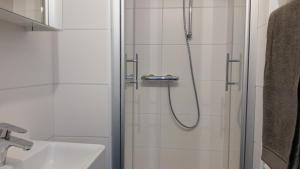 SchwanenstadtGästehaus Daniela的带淋浴和水槽的白色浴室