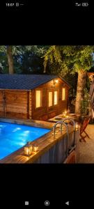 a large swimming pool in front of a log cabin at Chalet Les Buis in Saint-Paul-lès-Romans