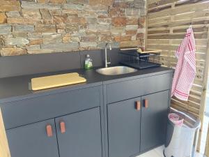 a kitchen with a sink and a brick wall at Chalet proche aéroport de Bastia in Lucciana